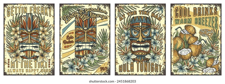 Tiki mask surfing summer bar poster set. Tropical leaves, hawaiian vibes. Hawaii wooden tiki mask collection. Traditional ethnic idol of maori or polynesian. Old tribal totem for tiki bar.