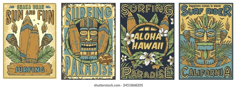 Máscara Tiki surf verano bar poster set. Hojas tropicales, vibraciones hawaianas. Colección de máscara de tiki de madera de Hawái. Ídolo étnico tradicional de los maoríes o polinesios. Antiguo tótem tribal para el bar tiki.