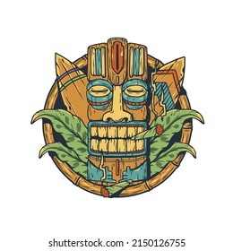 Tiki mask with surfs and tropical leavs for surfing. Exotic hawaii mask and surfboards for summer tiki bar or tropic beach