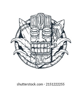 Tiki mask with surfs and tropical leavs for surfing. Exotic hawaii mask and surfboards for summer tiki bar or tropic beach