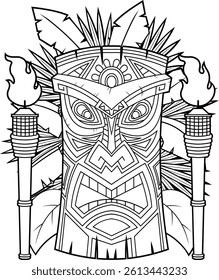 Tiki Mask With Torches Coloring Page - Vector Hand Drawn Illustration Isolated On Transparent Background
