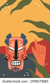 Tiki mask totem, summer symbol from Hawaii vector illustration. Cartoon scary Hawaiian traditional element, ancient african statue with colour abstract geometric shapes and tropical leaves background