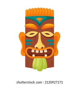 Tiki mask tribal. Hawaiian totem or african maya aztec wooden idol isolated on white background. Ethnic ritual head, polynesian statue, cartoon style vector.