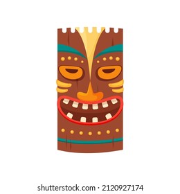 Tiki mask tribal. Hawaiian totem or african maya aztec wooden idol isolated on white background. Ethnic ritual head, polynesian statue, cartoon style vector.