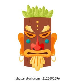 Tiki mask tribal. Hawaiian totem or african maya aztec wooden idol isolated on white background. Ethnic ritual head, polynesian statue, cartoon style vector