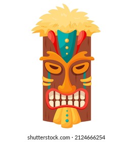 Tiki mask tribal. Hawaiian totem or african maya aztec wooden idol isolated on white background. Ethnic ritual head, polynesian statue, cartoon style vector.