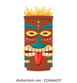 Tiki mask tribal. Hawaiian totem or african maya aztec wooden idol isolated on white background. Ethnic ritual head, polynesian statue, cartoon style vector.