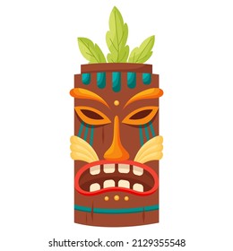 Tiki Mask Tribal. Hawaiian Totem Or African Maya Aztec Wooden Idol Isolated On White Background. Ethnic Ritual Head, Polynesian Statue, Cartoon Style Vector.