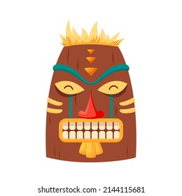 Tiki mask tribal. Hawaiian totem or african maya aztec wooden idol isolated on white background. Ethnic ritual head, polynesian statue, cartoon style vector.