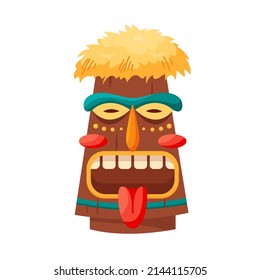 Tiki-Maske-Stamm. Hawaiianisches Totem oder afrikanisches Maya-Aztec-Holzidol einzeln auf weißem Hintergrund. Ethnische Ritualkopf, polynesische Statue, Cartoon-Stil-Vektorgrafik.