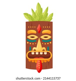 Tiki mask tribal. Hawaiian totem or african maya aztec wooden idol isolated on white background. Ethnic ritual head, polynesian statue, cartoon style vector.