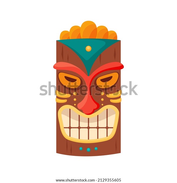 Tiki mask tribal. Hawaiian\
totem or african maya aztec wooden idol isolated on white\
background. Ethnic ritual head, polynesian statue, cartoon style\
vector.