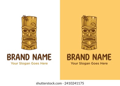 Tiki mask with tropical beach engraving illustration vector logo design