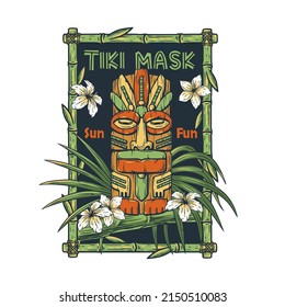 Tiki mask with tropical frame and leaves. Exotic background for summer hawaii surfing or beach tiki bar