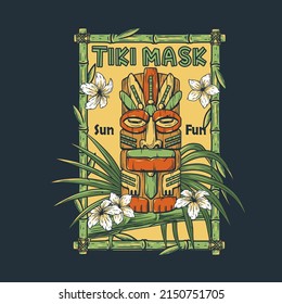 Tiki mask with tropical frame and leaves. Exotic background for summer hawaii surfing or beach tiki bar