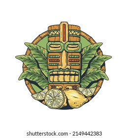 Tiki mask and tropical fruits. Exotic leaves and lemon for summer hawaiian tiki bar or tropic beach