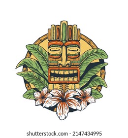 Tiki mask with tropical leaves and exotic flowers for summer hawaiian tiki bar or tropic beach