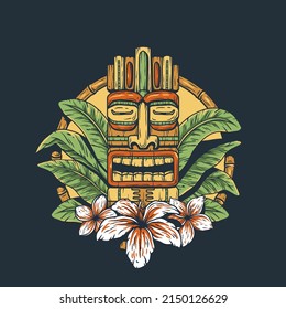 Tiki mask with tropical leaves and exotic flowers for summer hawaiian tiki bar or tropic beach