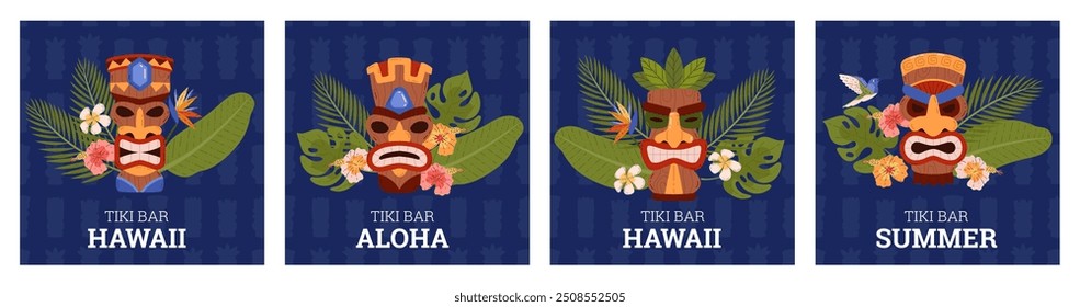 Tiki mask with tropical leaves and flowers. Vector cartoon posters set Tiki bar Aloha. Ethnic tribal wooden carved totem, Hawaiian idol scary face with toothy mouth. Ancient culture item