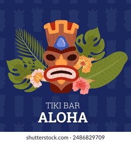 Tiki mask with tropical leaves and hibiscus flowers. Vector cartoon poster Tiki bar Aloha. Ethnic tribal wooden carved totem, Hawaiian idol scary face with toothy mouth. Ancient culture item