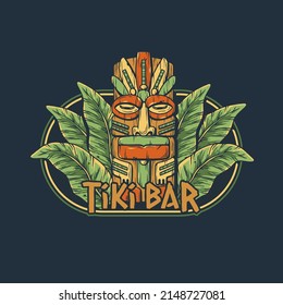 Tiki mask with tropical leavs for summer hawaii beach. Exotic mask for surfing prints or tiki bar