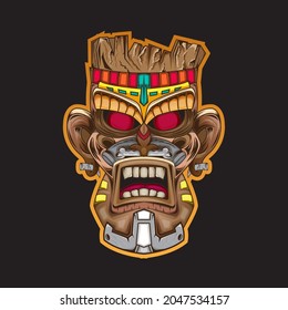 tiki mask Vector wooden artwork indian  Illustration for e sports logo or gaming mascot, robot head for t shirt printing, apparel or badge