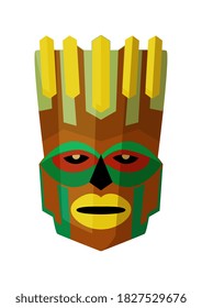 Tiki mask. Wooden tiki head or face mask isolated on white background. Polynesian, hawaiin or african artifact or tribal culture exotic totem vector illustration