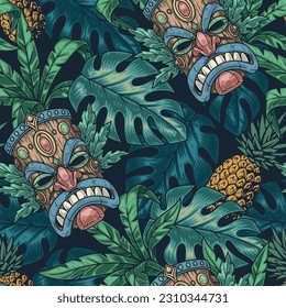 Tiki masks colorful pattern seamless with native American idol faces and tropical jungle leaves near pineapples vector illustration