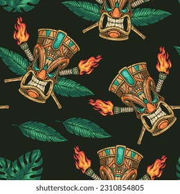 Tiki masks colorful pattern seamless with burning torches and tree petals near faces evil gods from Polynesian culture vector illustration