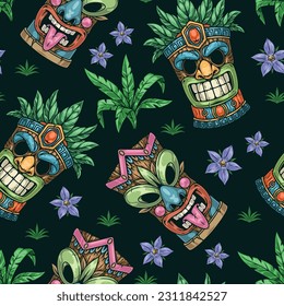 Tiki enmascara un colorido patrón sin costura con máscaras religiosas de la cultura azteca con brotes de flores de primavera y hojas de árbol ilustración vectorial