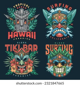 Tiki masken bunte Set-Flyer mit hawaiianischen Talismans zum Dekorieren von Kleidung oder Unterhaltungscafe Vektorgrafik