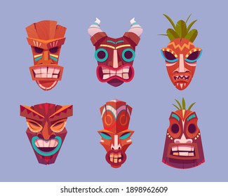 Tiki masks, hawaiian tribal totem, wooden god faces with horns and leaves. Vector cartoon set of polynesian traditional statues, ancient wood tikki masks isolated on purple background