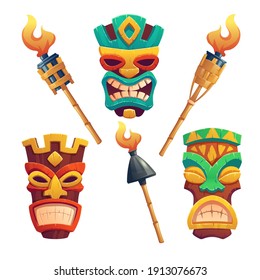 Tiki masks, hawaiian tribal totem and burning torches on bamboo stick. Vector cartoon set of polynesian traditional statues, ancient wooden god faces isolated on white background