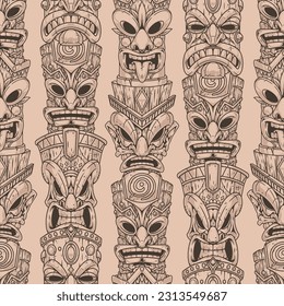 Tiki masks monochrome pattern seamless with faces of gods of ancient native peoples of America for ritual decorations vector illustration