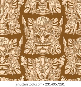 Tiki masks monochrome pattern seamless with faces militant idols and spears or torches for protection from otherworldly forces vector illustration