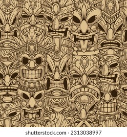 Tiki masks monochrome seamless pattern with antique tatems making faces to decorate interior of beach bar or party vector illustration