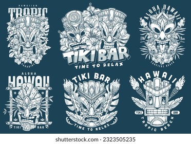 Tiki masks monochrome set logotypes with faces ancient gods for bars and beach parties in style polynesian culture vector illustration