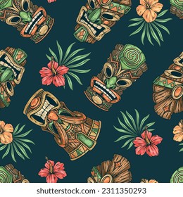 Tiki masks pattern seamless colorful with wooden heads of idols for Polynesian rituals and superstitions vector illustration