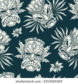 Tiki masks seamless pattern monochrome with traditional sculptures of peoples of Polynesian culture for ritual parties vector illustration