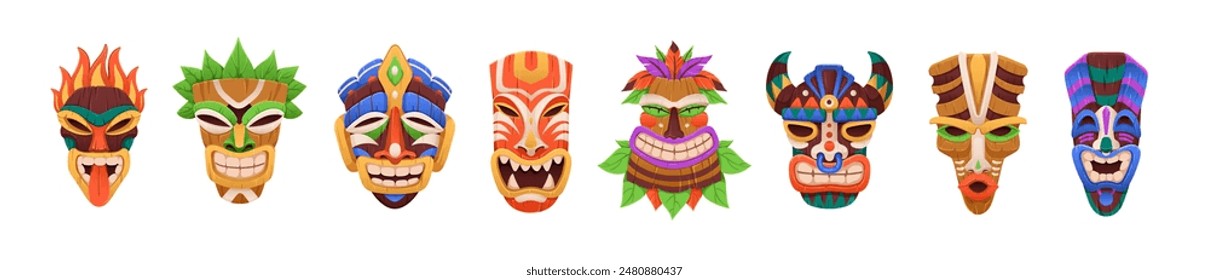 Conjunto de máscaras Tiki. Coloridas cabezas de tótem tribales. Arte antiguo, diseños de caras hawaianas y tikki africanas. Personajes ceremoniales tradicionales. Ilustración vectorial dibujada a mano aislada sobre fondo blanco