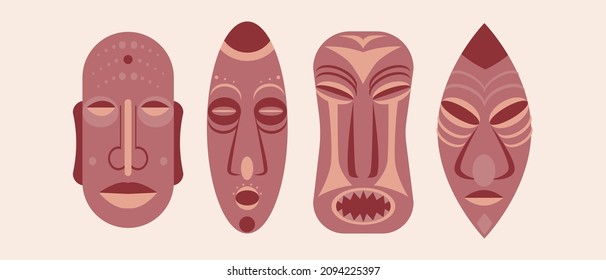 Tiki masks set isolated. Flat vector stock illustration. Dreiney culture icon or symbol. Wooden amulet. African traditional sculpture. Head as a talisman. Isolated collection