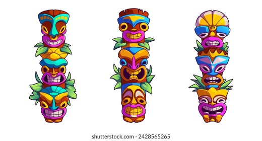 Tiki masks set isolated on white background. Vector cartoon illustration of tribal wooden totems, traditional hawaiian or polynesian attributes, scary faces with toothy mouth, decorated with leaves