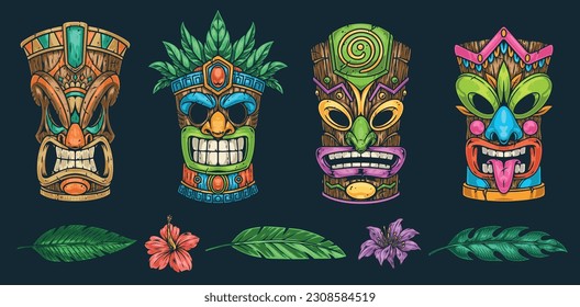 Tiki masks set logotype colorful with polynesian wooden totems protecting from spirits and petals of flowers or plants vector illustration