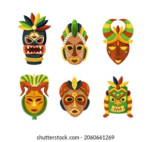 Tiki masks set. Multicolored Mexican Indian or African ethnic mask decorated by tribal design elements. Zulu or Aztec warrior face protector. Ornamental artwork of primitive facial idol flat vector
