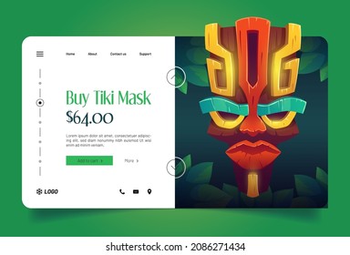 Tiki masks shop banner with hawaiian tribal totem. Vector landing page with cartoon illustration of traditional polynesian wooden god face. Advertising website with tikki masks