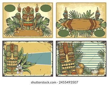 Tiki masks surfing summer bar poster set. Tropical leaves, hawaiian vibes. Hawaii wooden collection. Traditional ethnic idol of hawaiian, maori, polynesian. Old tribal totem for tiki bar. Text space.