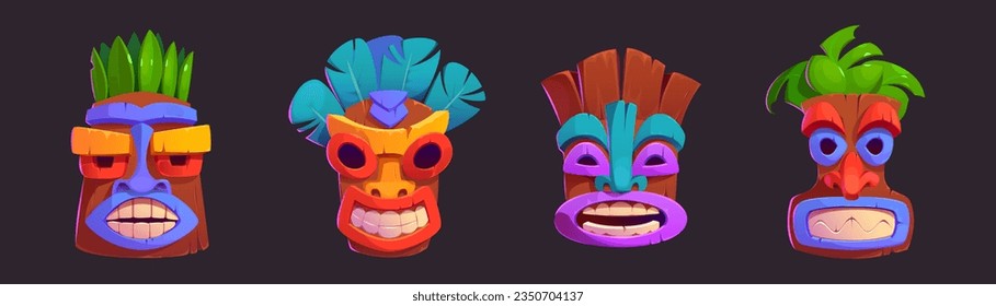 Tiki masks with toothy smile - cartoon vector illustrations set of colorful tribal traditional wooden totems. Images of deities of Hawaiian and Polynesian culture, decorated with leaves and feathers.