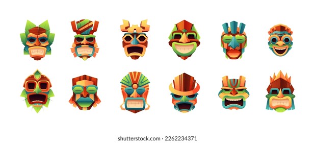 Mascarillas tiki. Tótems tribales rituales tradicionales maya aztecas aborígenes, ídolos ceremoniales zulú polinesiano mexicano, dibujos animados de mascarillas étnicas. Conjunto plano vectorial. Caras pintadas con diferentes grimaces