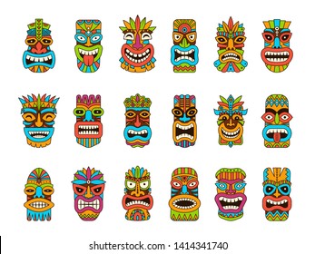 Tiki masks. Tribal hawaii totem african traditional wooden symbols vector colored mask illustrations. Tiki totem, hawaii mask exotic, african face wooden sculpture