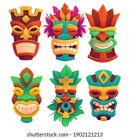 Tiki masks, tribal wooden totems, hawaiian or polynesian style attributes, scary faces with toothy mouth, decorated with leaves isolated on white background. Cartoon vector illustration, icons set